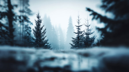 A mystical winter forest scene featuring evergreen trees shrouded in soft fog, creating an enchanting atmosphere perfect for nature lovers and explorers.の素材