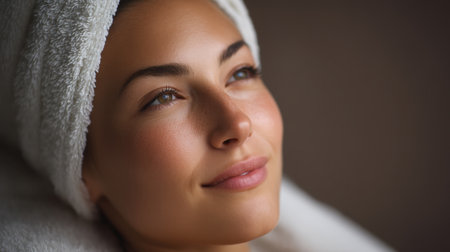 A serene young woman enjoys a spa experience, wrapped in a towel, showcasing a radiant complexion and peaceful expression, embodying wellness and relaxation.の素材