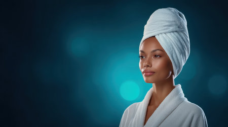 A serene portrait of a woman in a soft white bathrobe and a towel on her head, embodying calmness and elegance against a blue bokeh background, reflecting relaxation.の素材