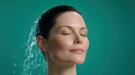A serene woman with closed eyes experiences a refreshing water spray on her face against a bright turquoise background, embodying relaxation and beauty.の素材