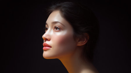 A stunning profile portrait of a young woman illuminated by soft light, highlighting natural beauty and a calm expression against a dark background.の素材