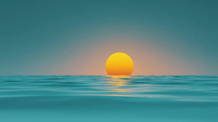 A stunning sunset view over calm ocean waters, showcasing a vibrant sun reflecting on gentle waves. Perfect for themes of relaxation, nature, and serenity.の素材