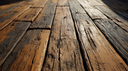Explore the intricate details of aged wooden floorboards, highlighting natural grain patterns and textures enhanced by soft lighting for a warm and inviting atmosphere.の素材