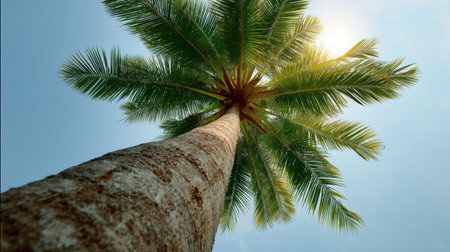 Capture the essence of tropical beauty with this stunning image of a tall palm tree, reaching elegantly towards the clear blue sky, adorned with vibrant green fronds.の素材