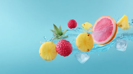A dynamic composition featuring fresh fruits like pineapple, raspberry, and grapefruit splashing through water against a vibrant blue background, symbolizing refreshment.の素材