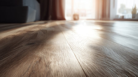 This image captures the serene beauty of sunlight illuminating a polished wooden floor in a stylish modern living room, evoking a warm and inviting ambiance.の素材