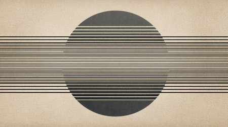 This abstract minimalist image showcases a large circle surrounded by evenly spaced lines, set against a textured beige background, ideal for various creative projects.の素材