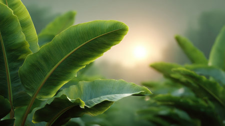 A mesmerizing close-up of tropical leaves catching soft morning light, surrounded by a misty atmosphere, creating a tranquil and serene landscape ideal for relaxation.の素材