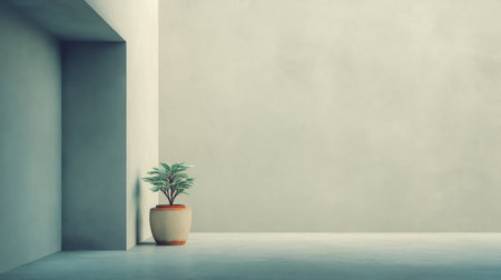 A serene and minimalist indoor space featuring a single potted plant, accentuating the beauty of simplicity and modern design in a clean environment.の素材
