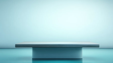 A minimalist display table rests on a clean surface with a soft blue background, perfect for showcasing products or artworks in a serene and elegant setting.の素材