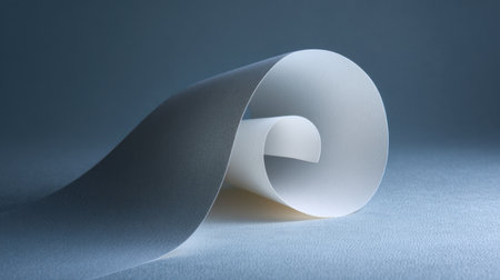This exquisite image features a delicate curl of white paper against a soft blue background, creating a serene atmosphere with elegant lines and minimalistic design.の素材