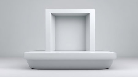 A modern minimalist display space featuring geometric white frames on a sleek platform. Ideal for showcasing products or as a decorative element in any contemporary setting.の素材