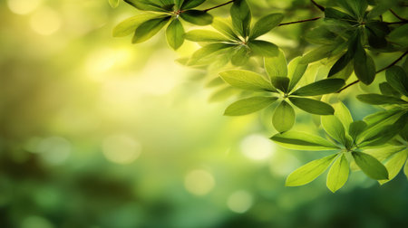 A beautiful depiction of lush green leaves bathed in soft natural light, providing a serene atmosphere perfect for showcasing freshness and tranquility in nature.の素材