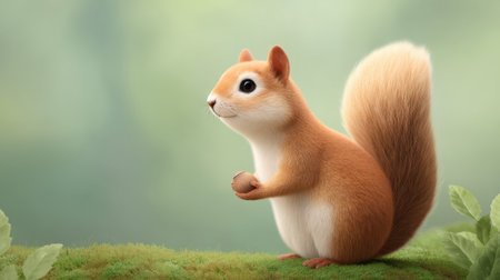 A charming cartoon squirrel stands in a serene forest setting, holding a nut with a friendly expression. Soft green foliage and gentle light enhance the tranquil atmosphere.の素材