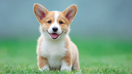 This charming corgi puppy sits on lush green grass, showcasing its playful spirit and cheerful demeanor in a delightful outdoor environment.の素材