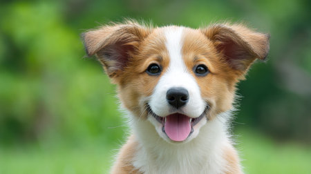 This charming puppy with a fluffy coat and joyful expression brings warmth and happiness, making it perfect for any pet-themed project or family memory.の素材