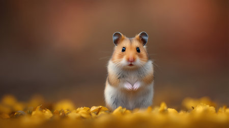 A charming hamster gazes curiously while standing on vibrant yellow leaves, creating a heartwarming autumn scene capturing the essence of nature's beauty.の素材