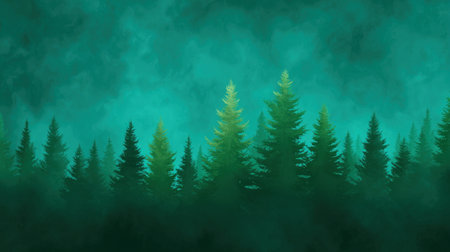 This atmospheric image showcases a misty forest filled with vibrant green pine trees. The dreamy teal background creates a tranquil and serene environment for nature lovers.の素材