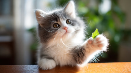 An adorable gray and white kitten reaches for a leaf with curiosity in a sunlit living room, embodying innocence and playful charm, evoking joy and warmth.の素材