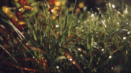 Invigorating view of grass blades adorned with dew drops, capturing the essence of natureの素材