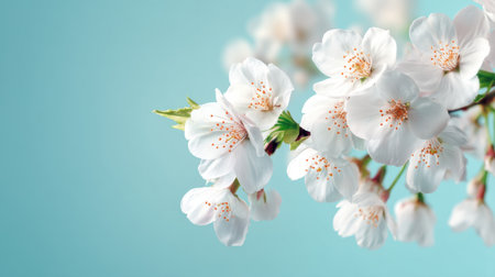 An exquisite closeup of white cherry blossoms displays elegance and beauty against a soft blue background, perfect for spring themes and nature designs.の素材