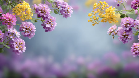 A stunning floral display featuring vibrant purple and yellow flowers set against a gentle, blurred background, perfect for nature-inspired art and design projects.の素材