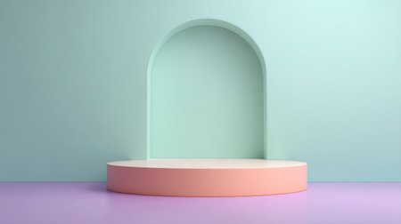 A modern minimalist display featuring an arch design and a round platform. Soft pastel colors create a serene aesthetic suitable for creative showcases.の素材