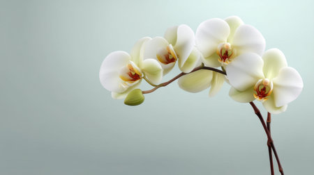 A stunning display of delicate white orchid blooms against a soft green background, perfect for floral arrangements, decoration, or capturing the essence of nature's beauty.の素材