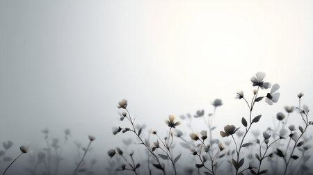A serene composition featuring delicate white flowers rising elegantly against a gentle gray background. Perfect for nature themes and tranquil aesthetics.の素材