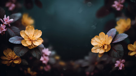 Explore a stunning arrangement of vibrant yellow flowers and delicate pink blossoms, creating an enchanting focal point against a dark, serene background.の素材