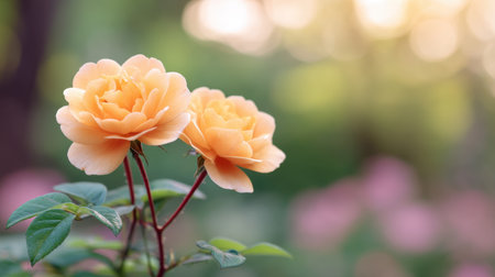 Two delicate peach roses bloom beautifully amidst a soft green background, showcasing nature's elegance and the tranquility of spring in a dreamy, sunlit scene.の素材