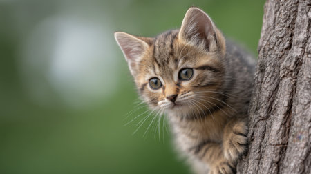 A charming tabby kitten peeks from behind tree bark, showcasing its curiosity and playfulness. The blurred green background enhances the serene nature of this adorable moment.の素材