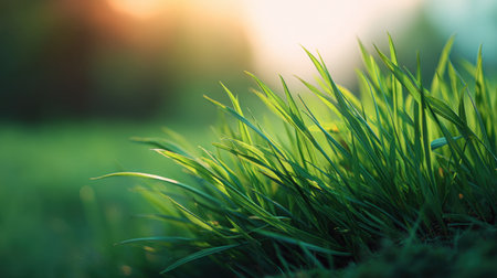 This stunning close-up image showcases fresh green grass illuminated by soft morning light, capturing the essence of nature and tranquility in a beautiful outdoor scene.の素材