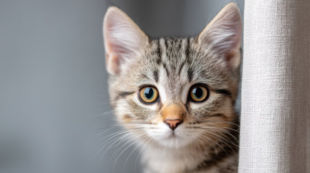 This charming image captures an inquisitive tabby kitten with striking blue eyes, exploring its surroundings in a serene indoor space filled with soft light.の素材