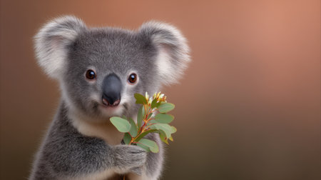 This charming image features a cute koala holding eucalyptus leaves, showcasing its fluffy fur and playful demeanor in a serene natural setting, perfect for nature lovers.の素材