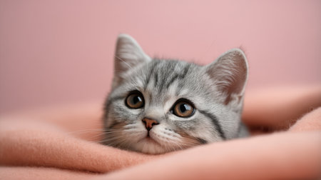 This charming image features a grey kitten snuggled in a soft blanket, with large expressive eyes peeking out against a soft pink background, radiating warmth and innocence.の素材
