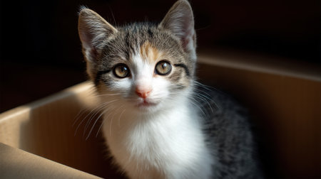 A charming tabby kitten with striking green eyes peeks from a cardboard box, bathed in warm, soft light. Its curious expression captures the essence of youthful playfulness.の素材