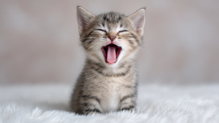 Adorable kitten yawning with a joyful smile on a soft white fur surface, capturing the essence of playful innocence and charm in a perfect moment of feline bliss.の素材