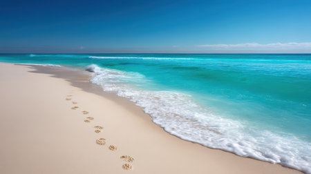 This stunning beach scene captures clear turquoise water gently lapping at soft white sand, highlighted by a trail of footprints leading to the horizon under a bright blue sky.の素材