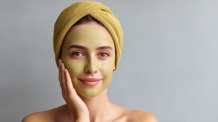 A smiling woman enjoys a green face mask while wrapped in a yellow towel, capturing the essence of beauty and relaxation in a soothing spa atmosphere.の素材