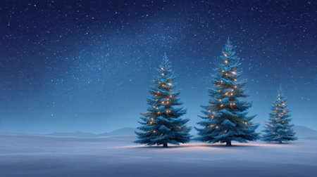 Experience a tranquil winter landscape featuring snow-covered pine trees adorned with soft lights, glowing under a beautiful starry night sky.の素材