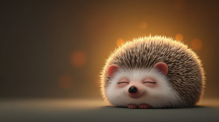 This charming image showcases an adorable hedgehog resting peacefully with a serene expression. The animal is surrounded by warm light, creating a cozy atmosphere.の素材
