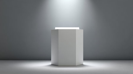 A minimalistic white pedestal stands under a spotlight, creating a stunning visual for product display or art exhibits. Ideal for showcasing elegance and creativity.の素材