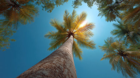 A stunning view of tall palm trees reaching skyward under a vibrant blue sky. The bright leaves and warm sunshine create a tranquil atmosphere perfect for relaxation.の素材