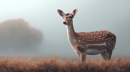 A stunning deer stands gracefully in a fog-covered landscape, embodying the essence of wildlife in harmony with nature's tranquil beauty.の素材