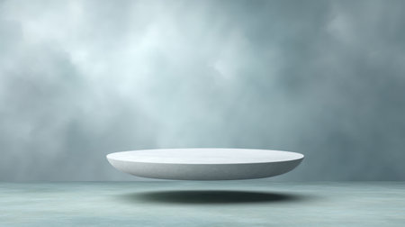 A round platform hovers above a smooth surface, surrounded by ethereal clouds. This image balances minimalism and creativity, ideal for various design applications.の素材