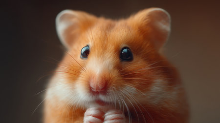 This adorable hamster showcases big, bright eyes and fluffy fur, creating a captivating close-up portrait that highlights its curious expression and soft background.の素材