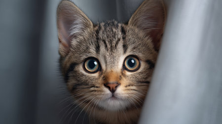 A charming tabby kitten with big, expressive eyes peeks from behind a light curtain, showcasing its innocent and playful nature in a soft indoor environment.の素材