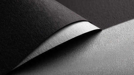 This striking image captures the elegant interplay of a textured black paper layer delicately resting over a smooth grey surface, enhanced by natural lighting.の素材