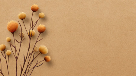 A delicate arrangement of dried flowers in warm tones set against a textured brown background. Ideal for nature-inspired projects and home decor.の素材